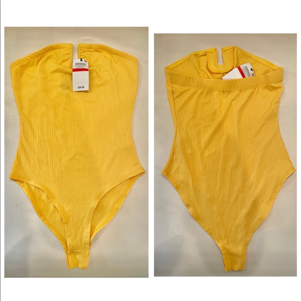 NWT XS juniors lemon chrome ribbed bodysuit silicone trim shoulderless u front